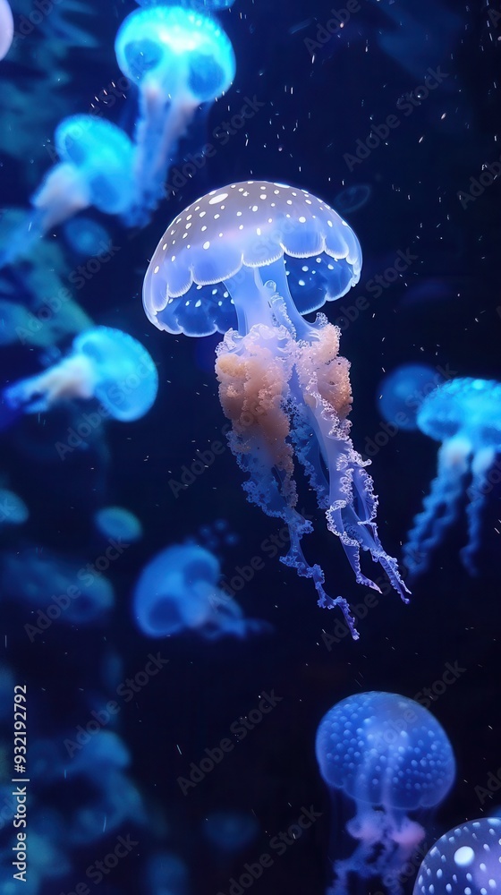A stunning display of glowing jellyfish drifting through the dark waters of the ocean A stunning display of glowing jellyfish drifting through the dark waters of the ocean