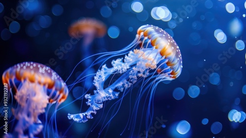 Glowing jellyfish drift through dark ocean waters, illuminating their surroundings with ethereal light photo