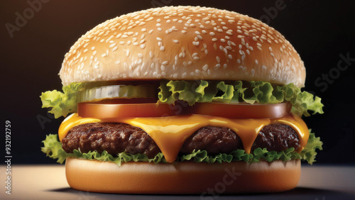 Closeup of a Cheeseburger with Lettuce, Pickles and Tomato