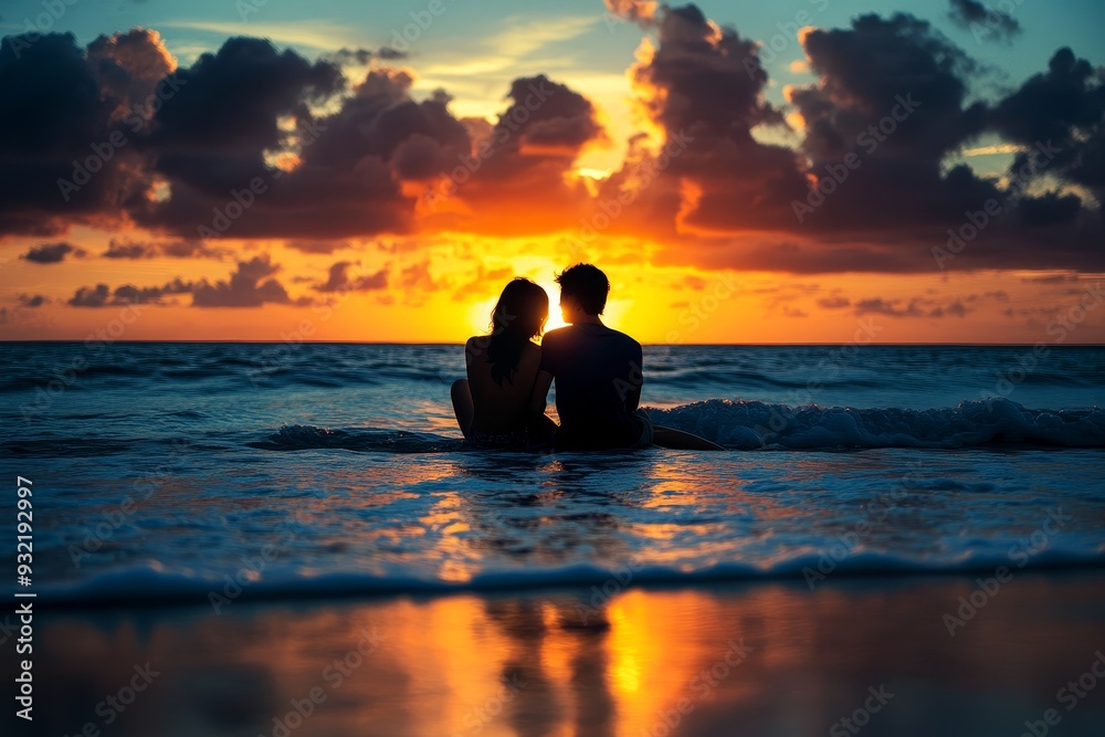 Sunset Romance by the Beach - A couple enjoying a romantic moment together in the ocean during a vibrant sunset, symbolizing love, tranquility, connection, beauty, and intimacy. Sunset Romance by the Beach - A couple enjoying a romantic moment together in the ocean during a vibrant sunset, symbolizing love, tranquility, connection, beauty, and intimacy.