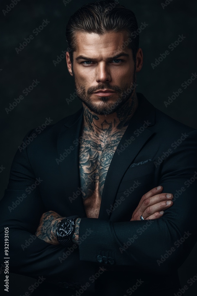 Photograph of a muscular man with a handsome face, confident posture, serious expression, wearing a black suit with the collar of his shirt open to reveal tattoos on his chest and arms,