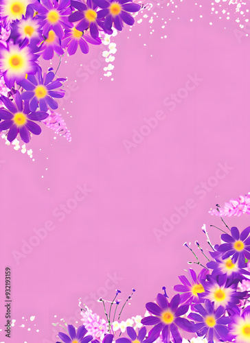 The image features a vibrant display of flowers in shades of purple and pink, set against a purple background.
