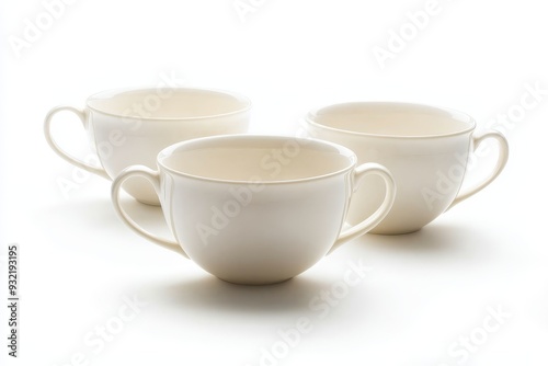 Three Elegant White Teacups on a White Background - A set of three elegant white teacups, symbolizing purity, simplicity, classic design, a moment of tranquility and the enjoyment of tea.