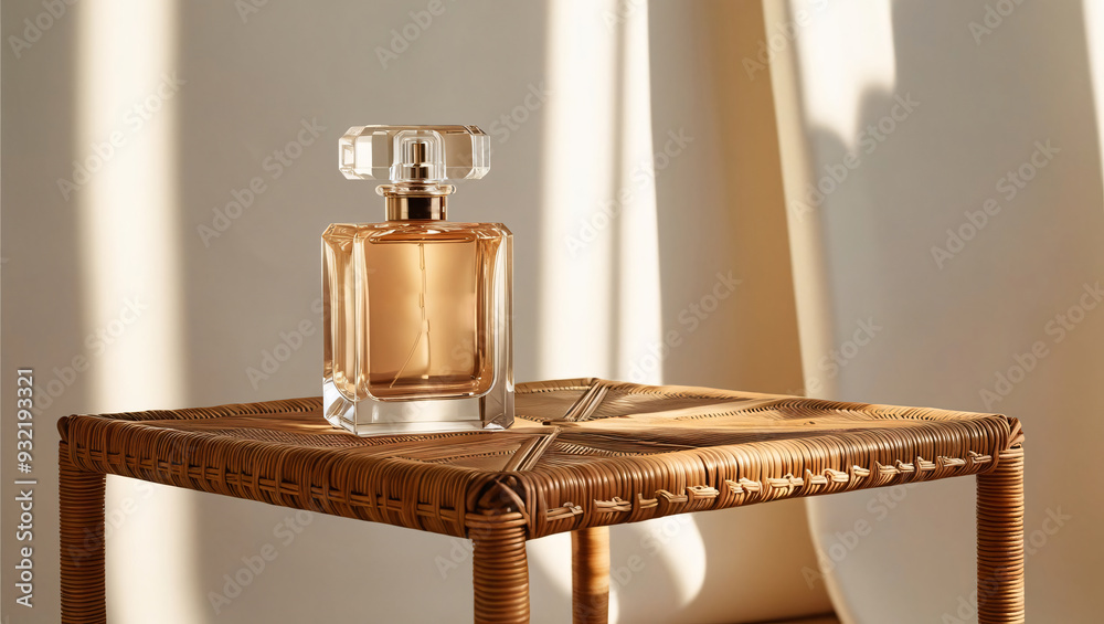 Empty square perfume bottle on rattan table