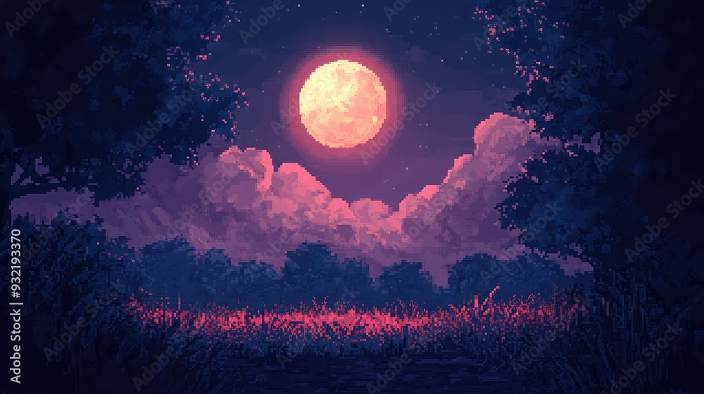 Emotional pixel art of a midnight landscape, the glowing moon creating a peaceful and introspective atmosphere. Emotional pixel art of a midnight landscape, the glowing moon creating a peaceful and introspective atmosphere.