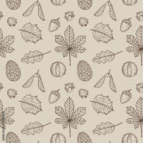 Seamless Pattern with Autumn forest plants, leaves. Hand drawn Vector repeating background with acorn, alder, oak leaf, nuts. The image created without the use of any artificial intelligence software