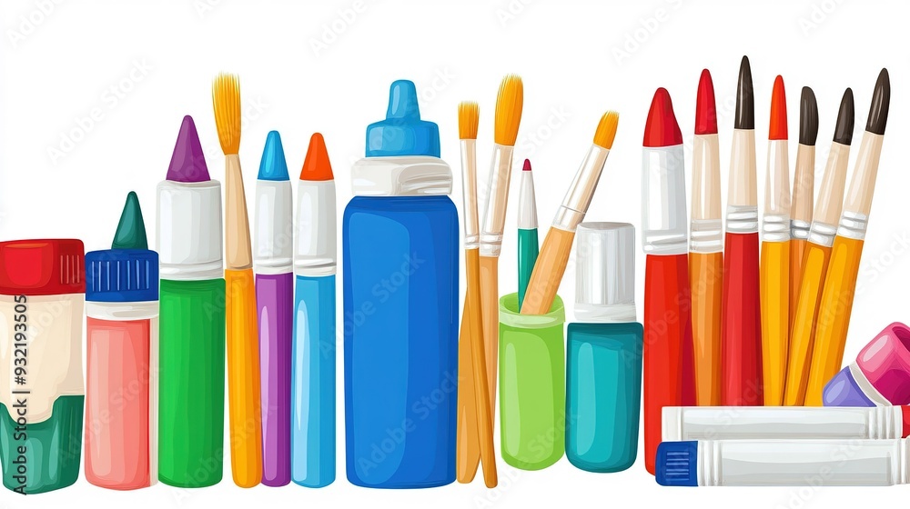 Fototapeta premium A vibrant collection of art supplies including paint tubes, brushes, and containers arranged on a white background