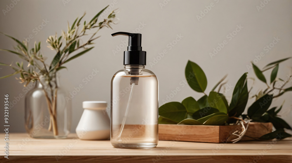 mockup of an empty body essence bottle, on a beige wooden table with a clean white background mockup of an empty body essence bottle, on a beige wooden table with a clean white background