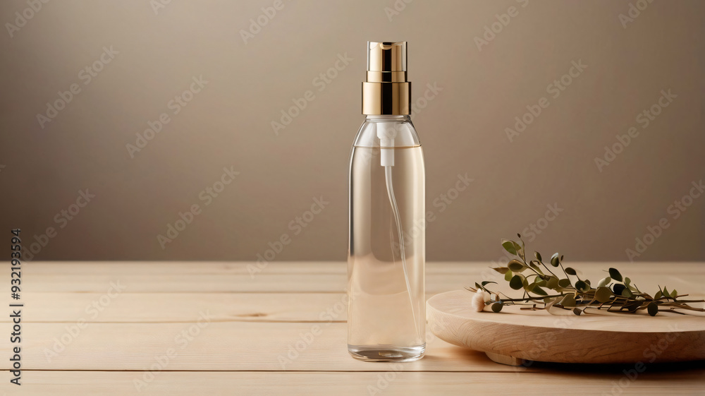 mockup of an empty body essence bottle, on a beige wooden table with a clean white background mockup of an empty body essence bottle, on a beige wooden table with a clean white background