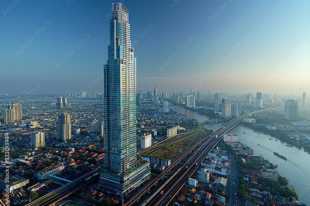 Obraz premium A city skyline with a tall building in the middle