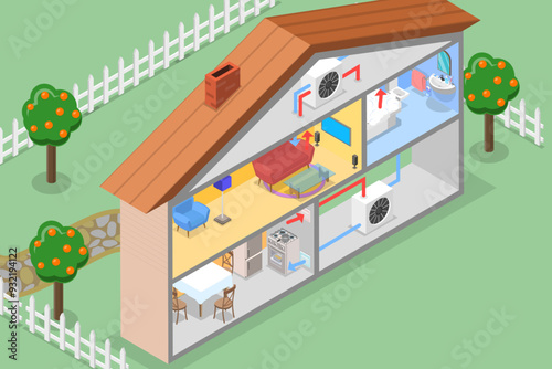 3D Isometric Flat Vector Illustration of Central Air Conditioning System, HVAC