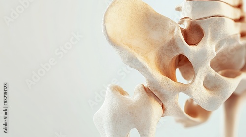 Detailed view of a human pelvic bone model showcasing anatomical structure in a clinical setting