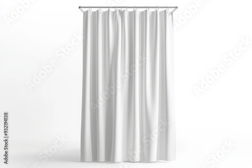 White Shower Curtain Mockup Isolated on White Background - A minimalist image of a white shower curtain isolated on a white background. The curtain is hanging from a silver shower rod, creating a clea