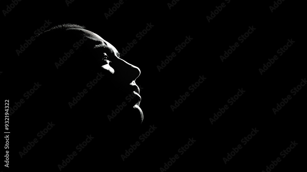 Profile of a person illuminated against a dark background, highlighting facial features in soft light Profile of a person illuminated against a dark background, highlighting facial features in soft light