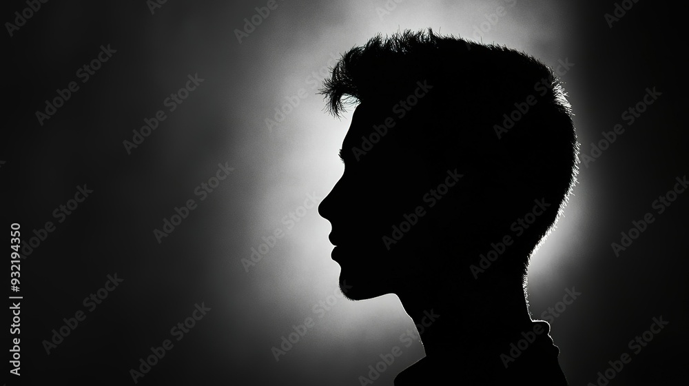 Silhouette of a young person against a backlight in a dark setting Silhouette of a young person against a backlight in a dark setting