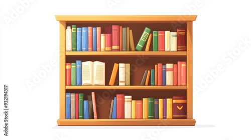 Wooden Bookshelf with Colorful Books - A classic wooden bookshelf filled with colorful books, symbolizing knowledge, education, reading, imagination, and growth.