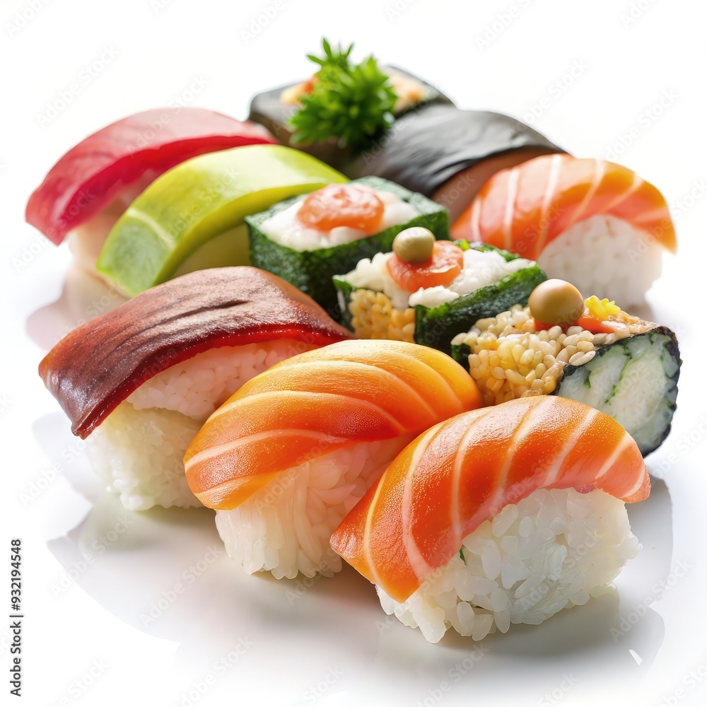 Delicious mixed sushi nigiri placed neatly on a white background. Generative AI Delicious mixed sushi nigiri placed neatly on a white background. Generative AI