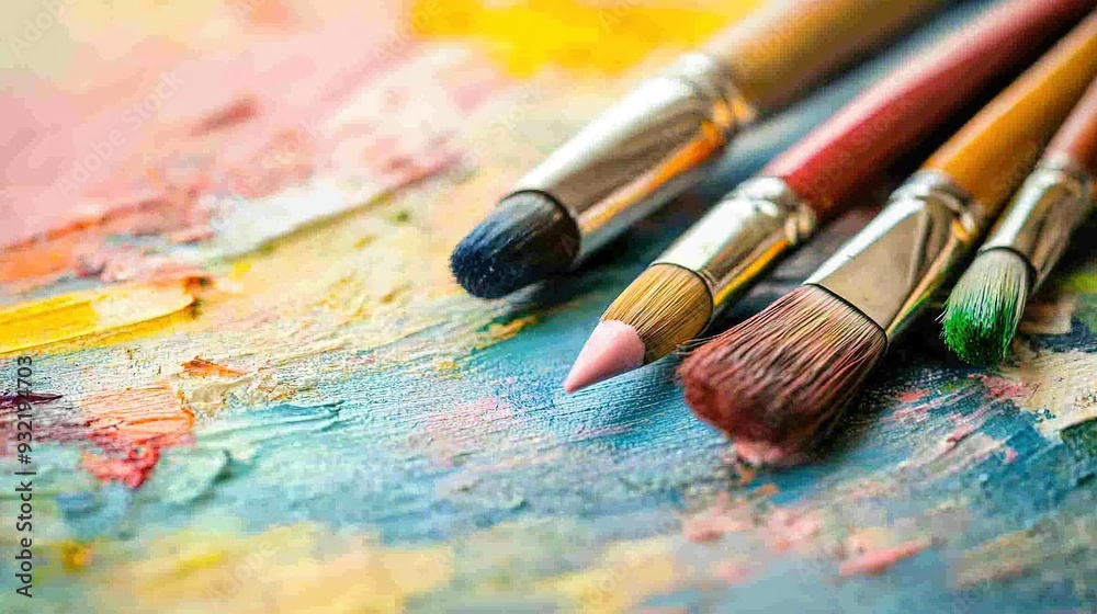 Fototapeta premium Colorful paintbrushes resting on a vibrant art palette showcasing various hues in an artist's studio