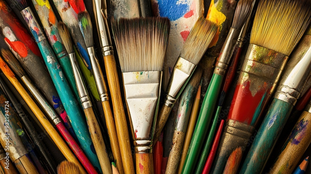 Fototapeta premium A collection of paintbrushes covered in vibrant colors arranged on an artist's work surface