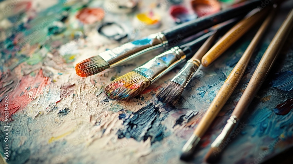 Fototapeta premium Artistic brushes resting on a vibrant paint-splattered surface in a creative studio