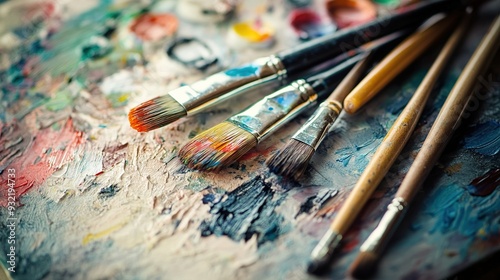 Artistic brushes resting on a vibrant paint-splattered surface in a creative studio