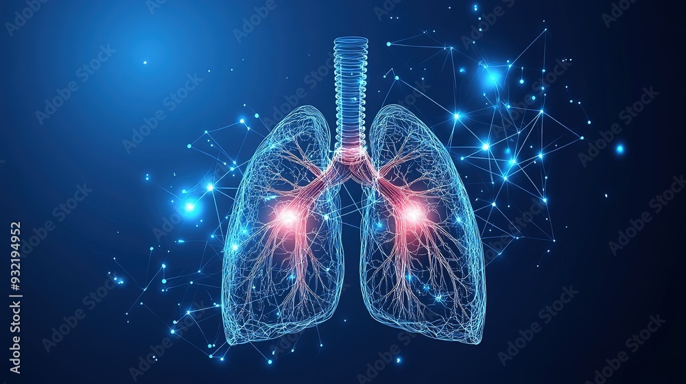 3D representation of human lungs with glowing nodes and abstract ...