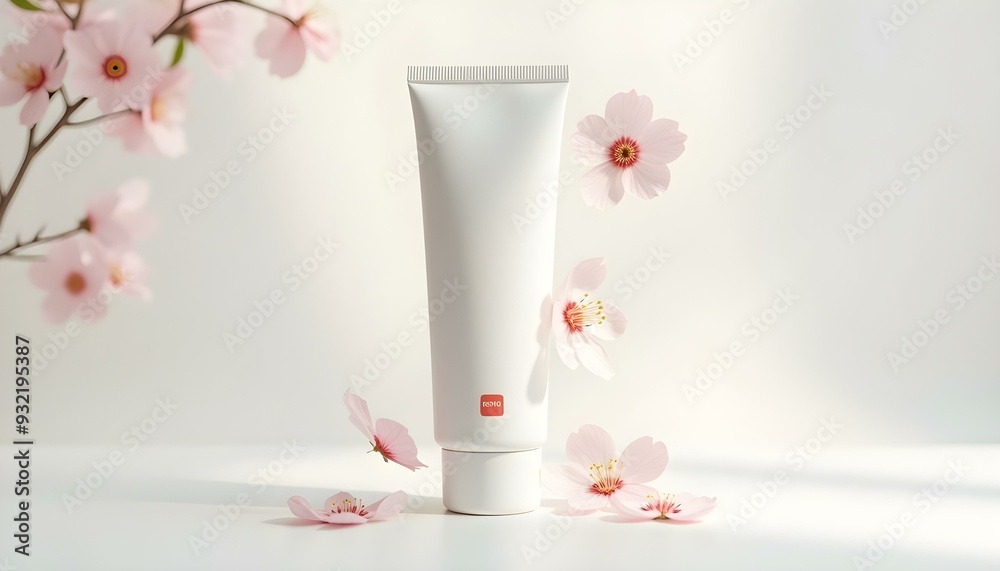 White tube Mockup, Mockup of toothpaste in a plain white tube in daylight, with floating pieces of cherry blossom leaves, White tube Mockup, Mockup of toothpaste in a plain white tube in daylight, with floating pieces of cherry blossom leaves,