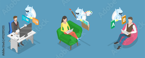 3D Isometric Flat Vector Illustration of Artificial Intelligence, AI Creating Texts, Images, and Video