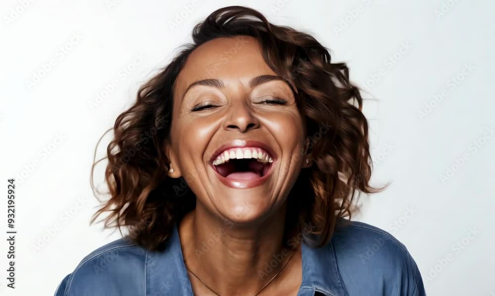 Portrait of cheerful woman smiling and looking at camera isolated over white background