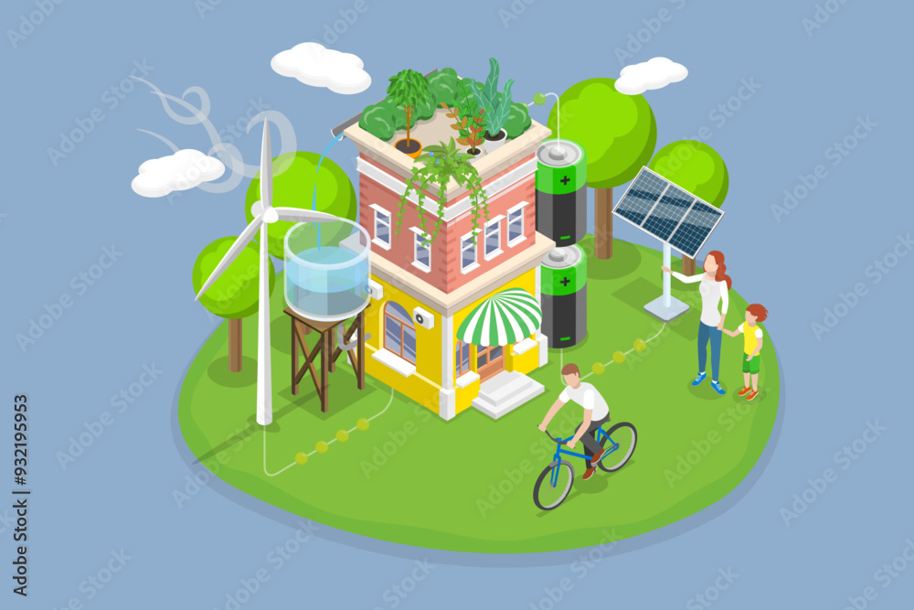 3D Isometric Flat Vector Illustration of Green Energy Initiatives, Ecological House 3D Isometric Flat Vector Illustration of Green Energy Initiatives, Ecological House