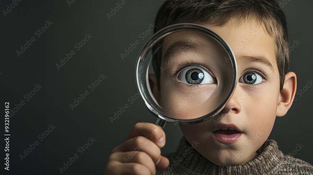 Curious boy looking through a magnifying glass with a surprised expression Curious boy looking through a magnifying glass with a surprised expression