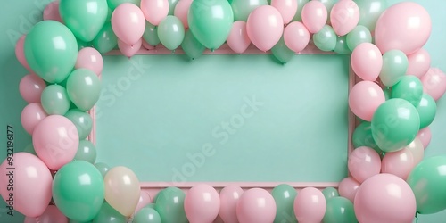 Place for the inscription. Festive background of pink and green balloons.