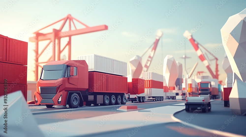 Trucks maneuvering through a busy shipping port during sunset with cranes and cargo containers Trucks maneuvering through a busy shipping port during sunset with cranes and cargo containers