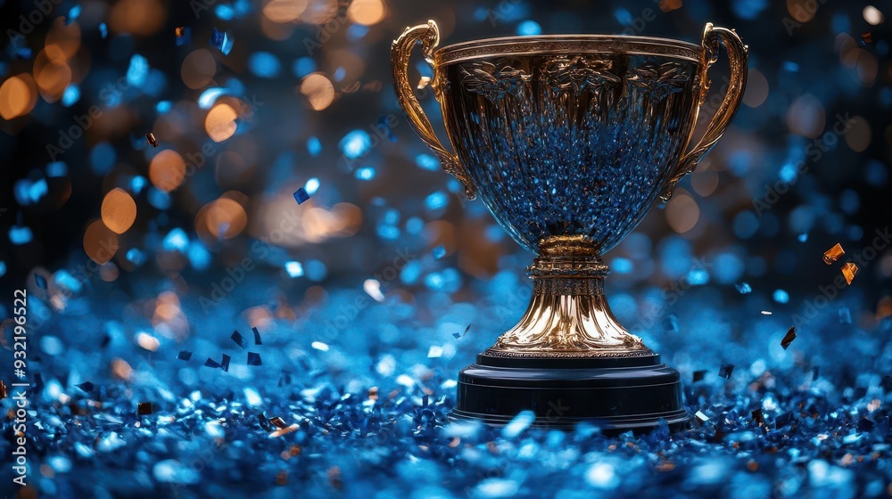 gleaming golden trophy rising from a sea of shimmering blue confetti dynamic celebration scene with metallic streamers capturing the essence of victory and achievement gleaming golden trophy rising from a sea of shimmering blue confetti dynamic celebration scene with metallic streamers capturing the essence of victory and achievement