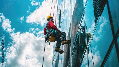 Construction worker performing maintenance check using rope access techniques on a skyscraper