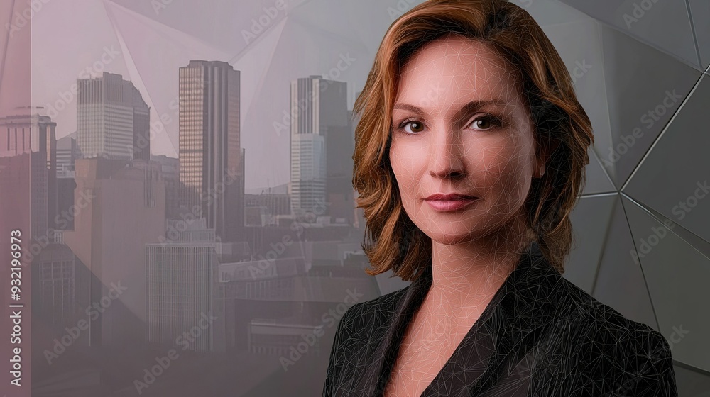 Fototapeta premium Professional female executive posing confidently against a city skyline during daylight