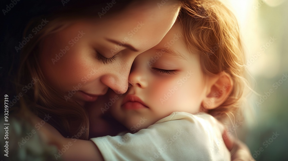Mother and her little child embrace as healthy loving caring parenting concept Mother and her little child embrace as healthy loving caring parenting concept