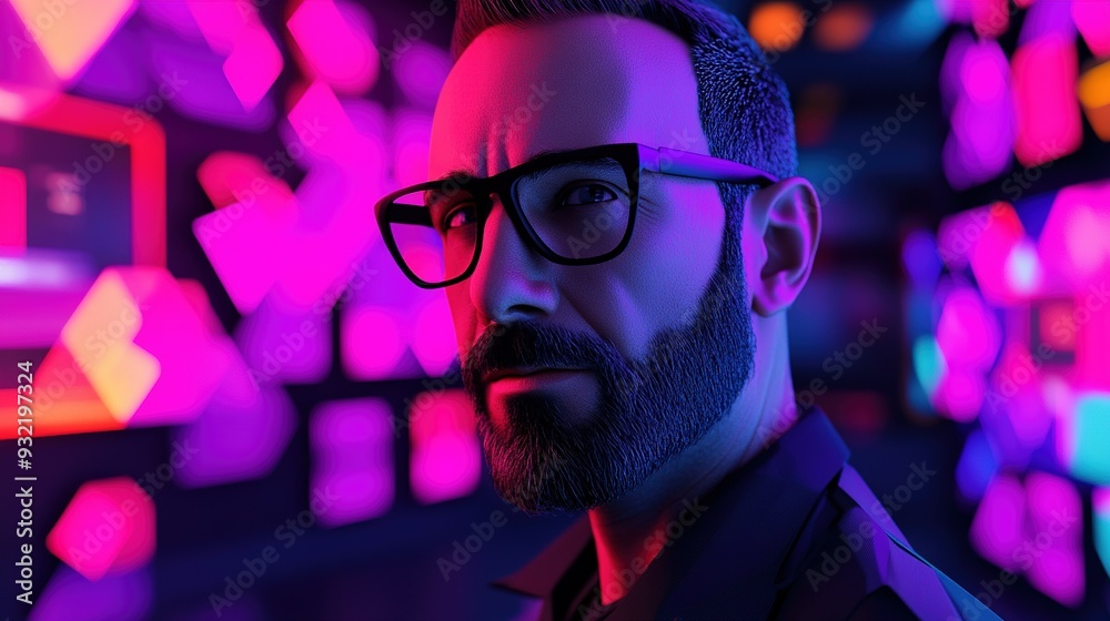 A person with glasses and a beard gazes thoughtfully at colorful digital screens in a modern workspace at night