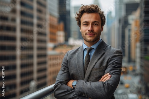 Confident businessman in a suit standing on a rooftop overlooking the city