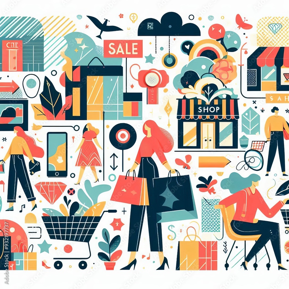 Shopping and sale. Vector modern abstract illustrations of people in store with shopping bag, cart, shop, package, fashion woman, pattern, family and objects for poster, background, flyer or cover Shopping and sale. Vector modern abstract illustrations of people in store with shopping bag, cart, shop, package, fashion woman, pattern, family and objects for poster, background, flyer or cover