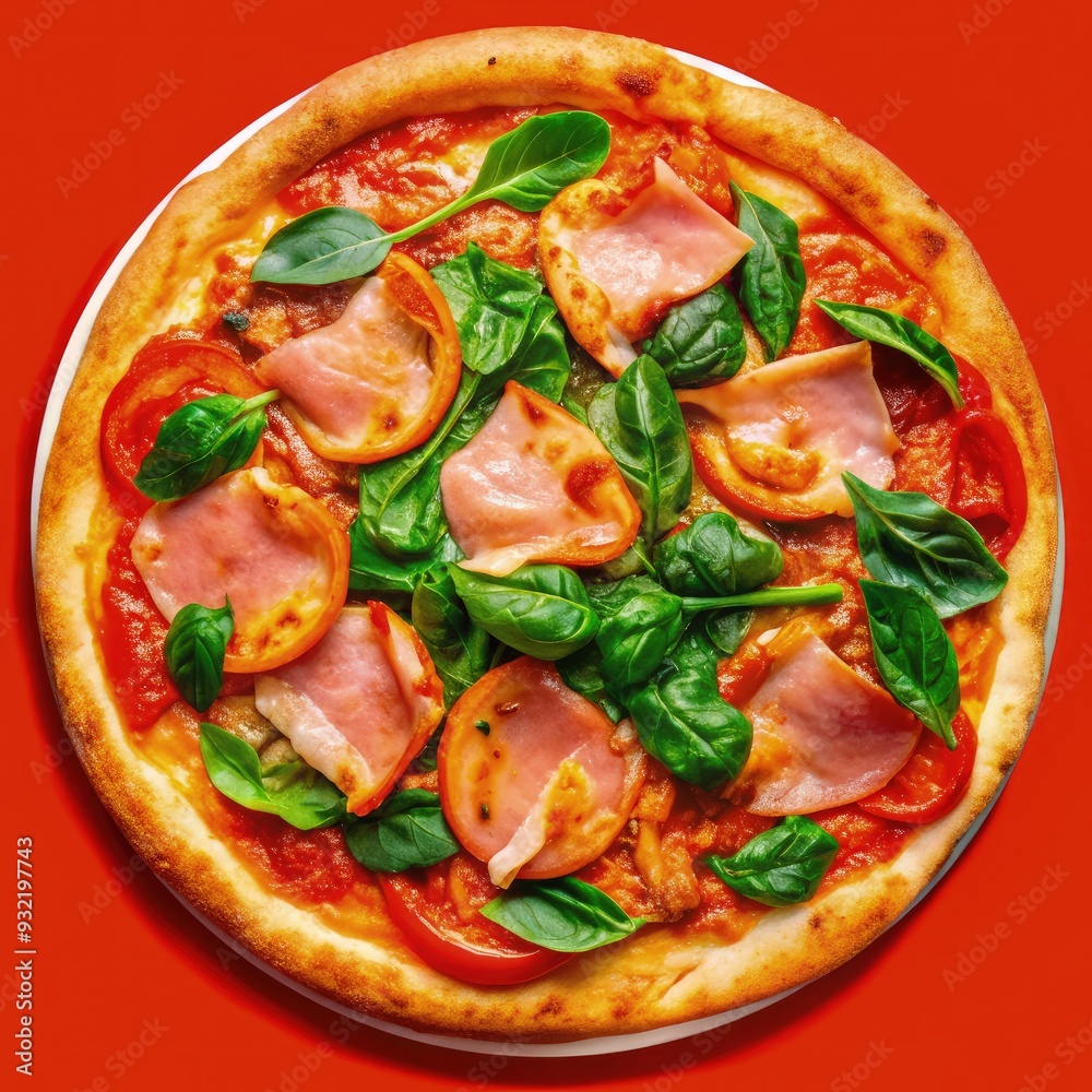 Freshly baked pizza with ham, spinach, and tomatoes on a bright red background Freshly baked pizza with ham, spinach, and tomatoes on a bright red background