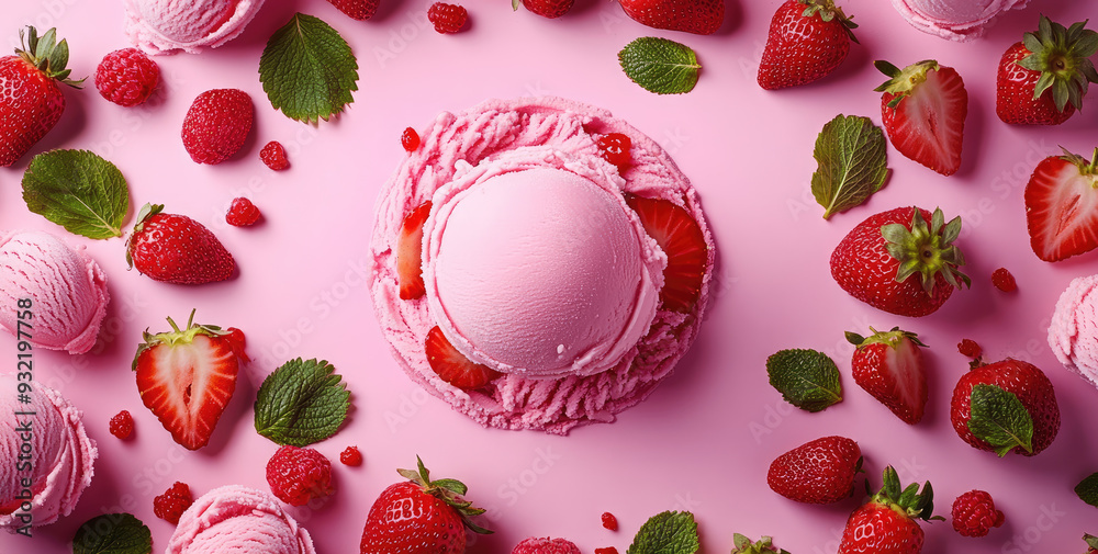 Strawberry ice cream scoop on pink background surrounded by strawberries and mint leaves Strawberry ice cream scoop on pink background surrounded by strawberries and mint leaves