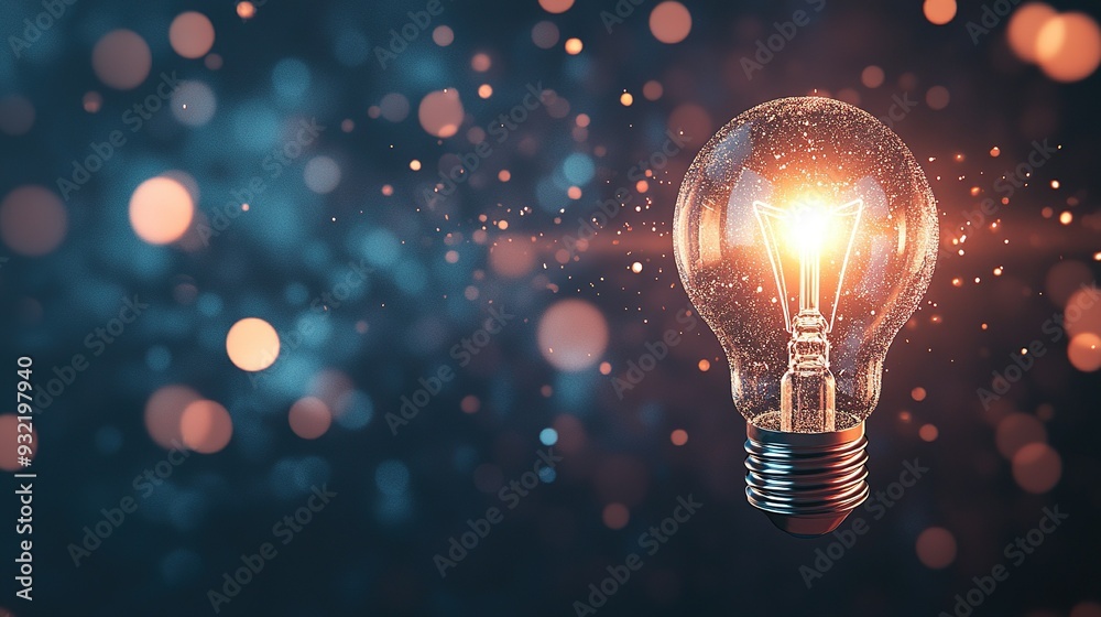 A glowing light bulb emits a bright light against a blurred blue background with sparkling bokeh effects A glowing light bulb emits a bright light against a blurred blue background with sparkling bokeh effects
