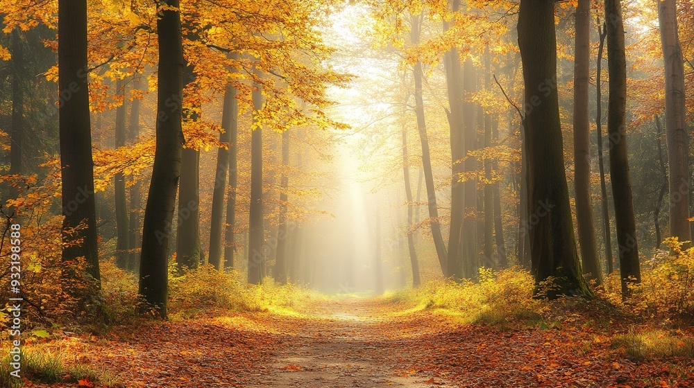 Obraz premium A serene path through a sunlit autumn forest in the early morning