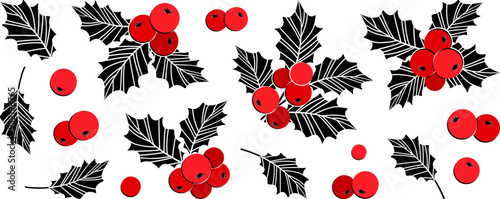 Christmas holly berry icon, mistletoe and leaf, New Year ilex branch, xmas plant set isolated on white background. Holiday nature decoration, black and red colors. Cartoon vector illustration
