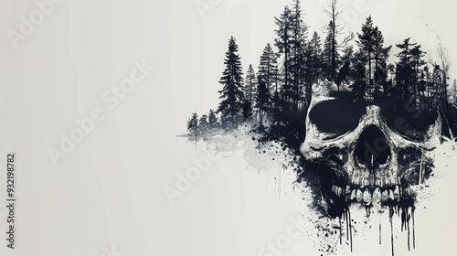 A black and white image of a skull with trees in the background. The trees are drawn in such a way that they appear to be growing out of the skull.