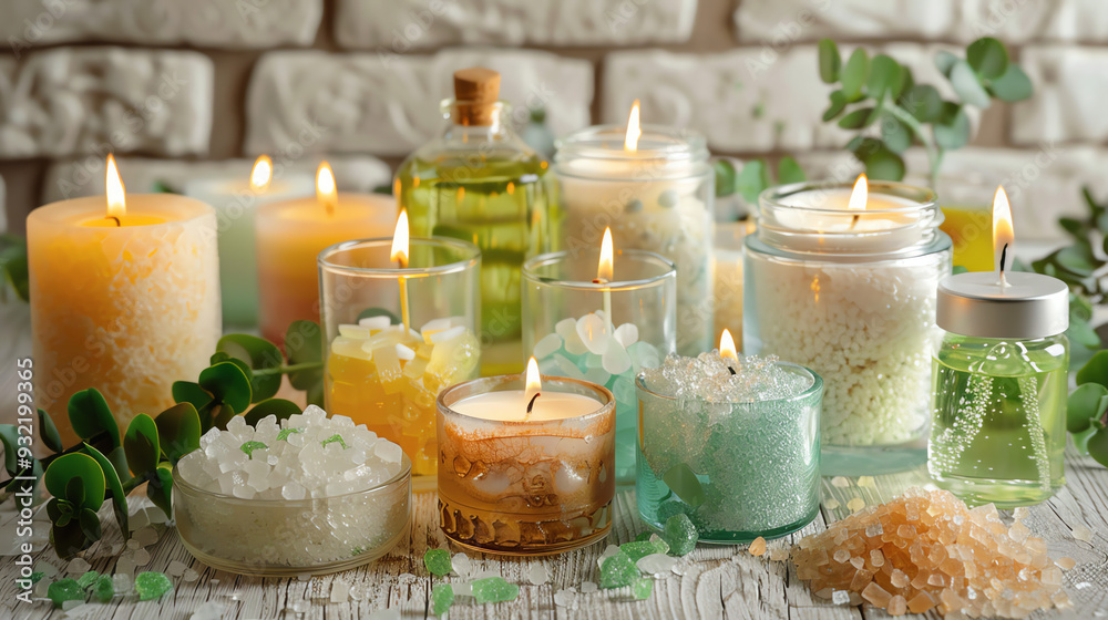 Candles, bath salts, and a few other bath products, all in glass jars or containers. Candles, bath salts, and a few other bath products, all in glass jars or containers.