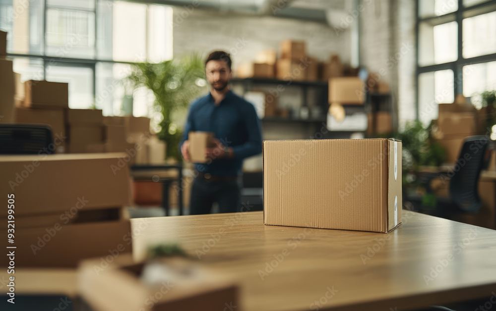 Cardboard box on table with businessman packing orders in warehouse Cardboard box on table with businessman packing orders in warehouse