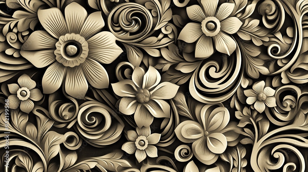 Intricate floral relief carving with swirling designs in soft beige tones Intricate floral relief carving with swirling designs in soft beige tones