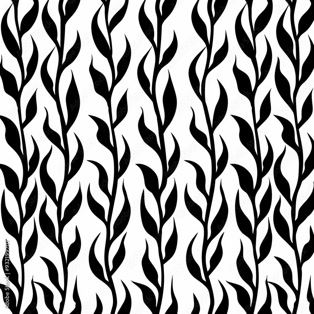 A repeating design featuring black leaves arranged on a white background, ideal for wallpapers or fabric. A repeating design featuring black leaves arranged on a white background, ideal for wallpapers or fabric.